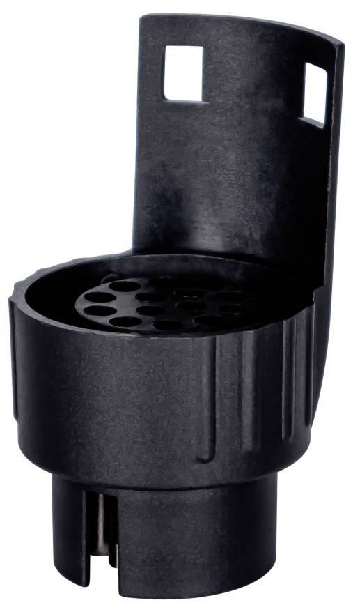 Black cylindrical mounting bracket with a perforated top and two rectangular slots on the raised back plate.