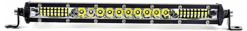 Black LED light bar with multiple circular lenses and yellow LED arrays, mounted on metal brackets against a white background.