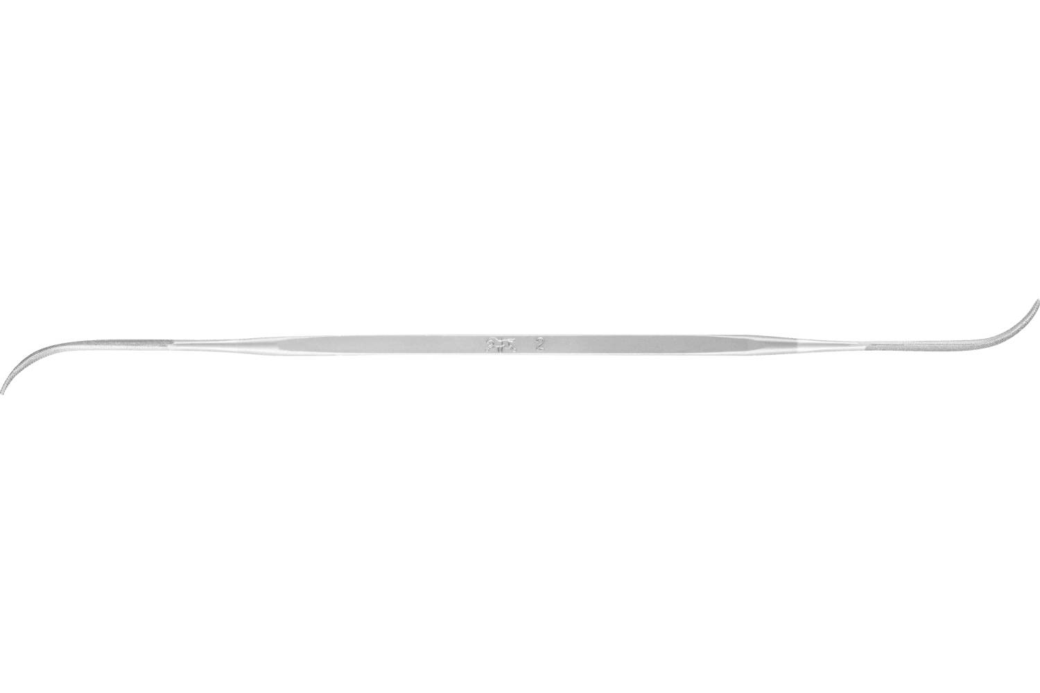 A long, thin metal surgical tool with a narrow central shaft and curved hooked ends at both tips, shown on a white background.