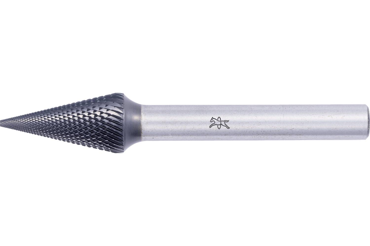 Metal cone-shaped rotary file with a long cylindrical shank, shown on a white background.
