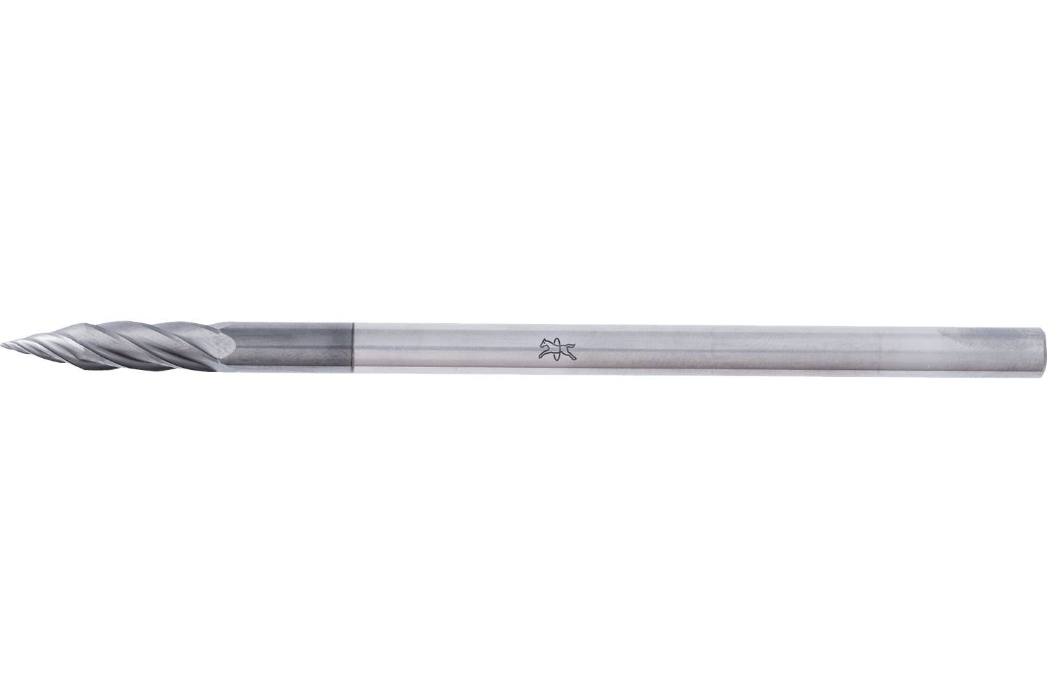 Metal end mill cutting tool with a spiral fluted tip and long cylindrical shank on a white background