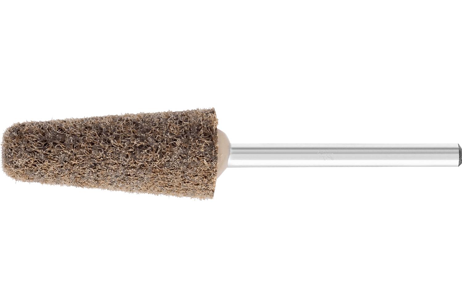 Brown abrasive polishing wheel mounted on a metal shaft, isolated on a white background.