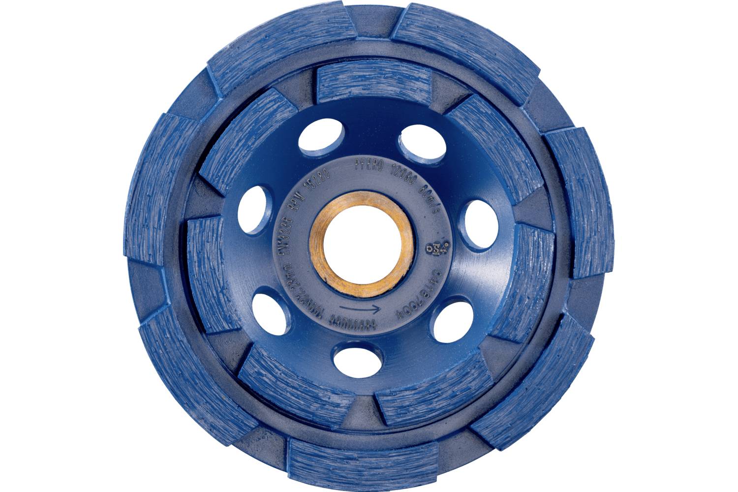 Blue segmented grinding wheel with central mounting hole and multiple round vents, shown front-facing on a white background.