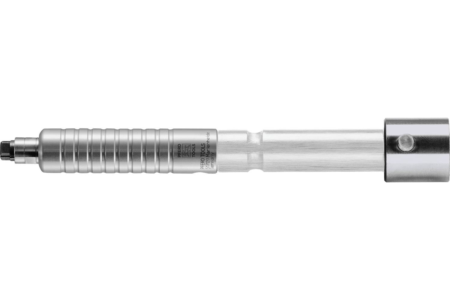 A metallic precision tool with a ribbed cylindrical handle and clear shaft, shown horizontally on a white background.