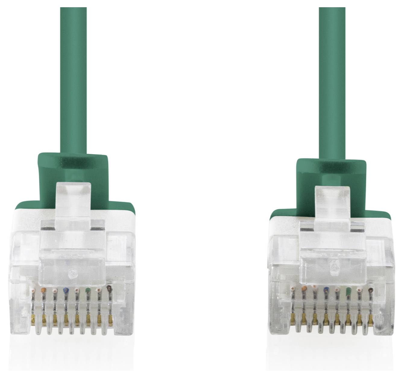 Two Ethernet cable connectors shown side by side on a white background, each with a green cable and transparent RJ45 plug.