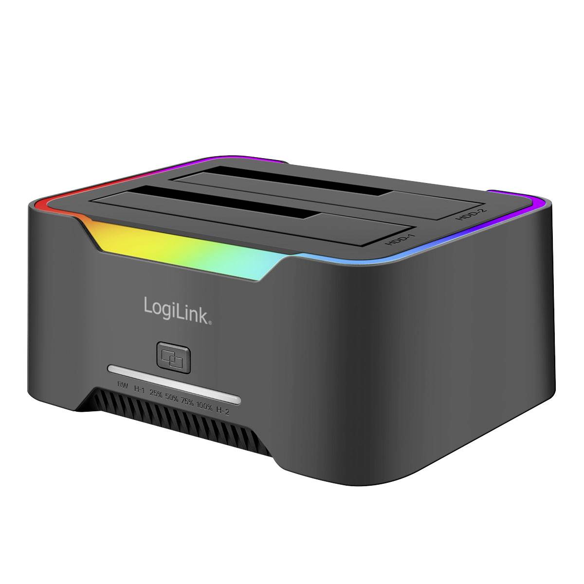 LogiLink dual-slot docking station with rainbow LED accent and front power button on a white background.