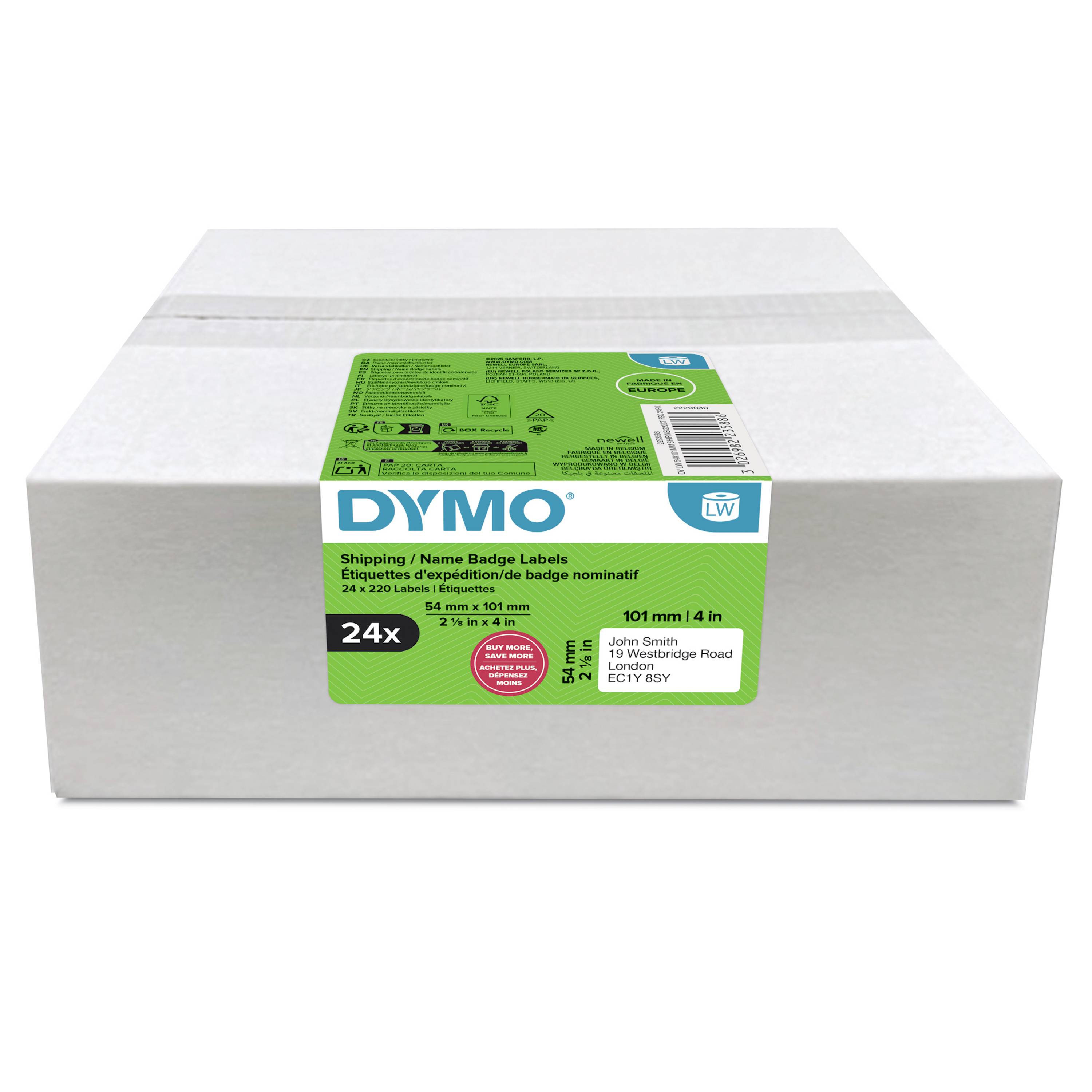 A box of DYMO shipping/name badge labels, labeled 24 rolls and 54 mm x 101 mm, shown on a white background.