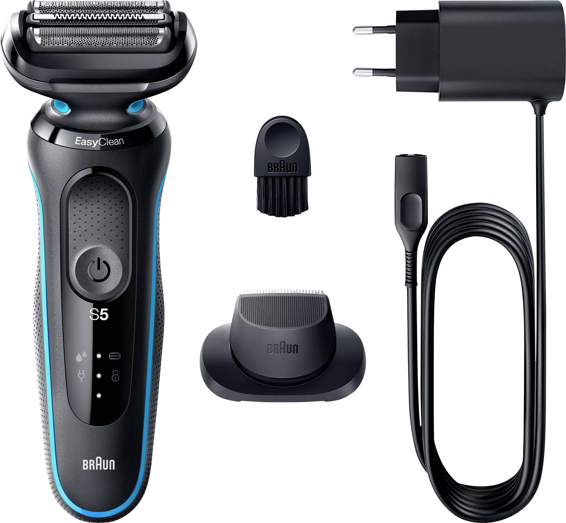 Braun Series 5 electric shaver with charging cord, cleaning brush, and cleaning dock on a white background.