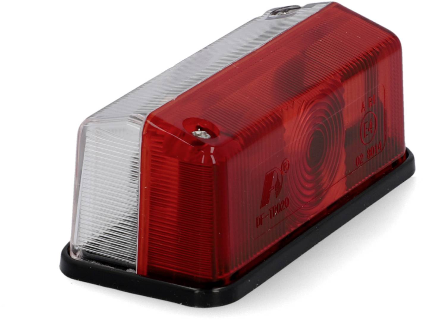 Red rectangular vehicle warning light with a clear lens section, shown on a black base against a white background.
