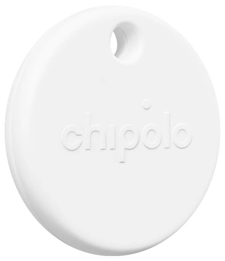 White round Chipolo Bluetooth tracker with a hole at the top and embossed 'chipolo' logo