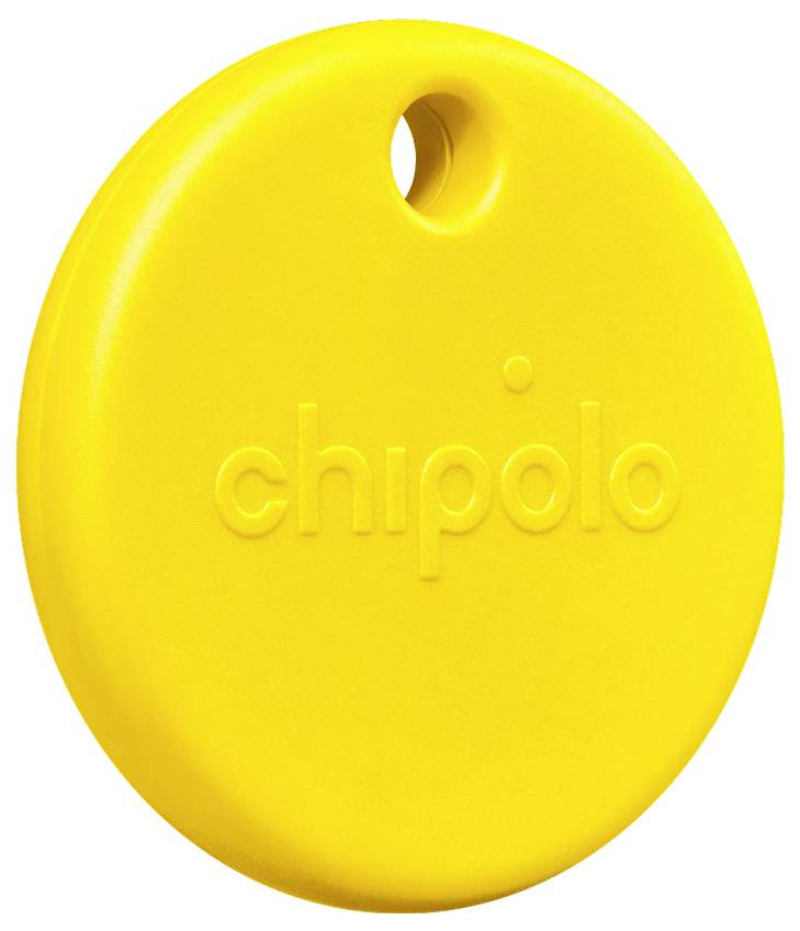Yellow round Chipolo Bluetooth tracker tag with a keyring hole and embossed 'chipolo' logo on a white background