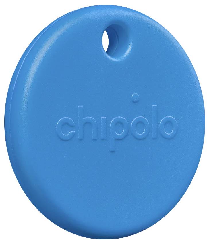 Blue oval Chipolo Bluetooth tracker with a hanging hole and embossed 'chipolo' logo.