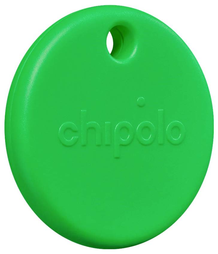 Green oval silicone dog tag embossed with 'chipolo' and a top hole for attaching to a collar or keyring.