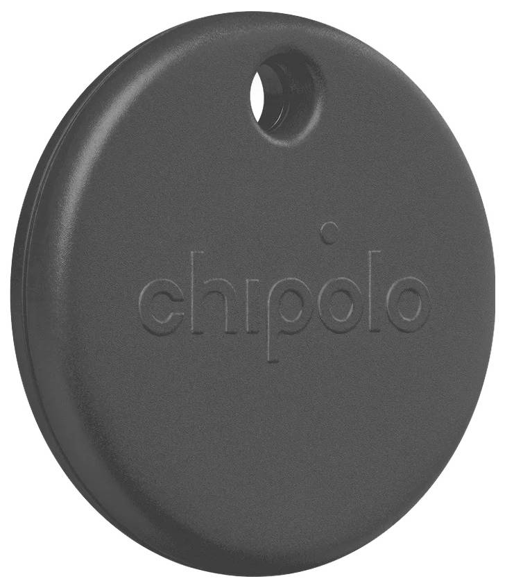 Black round Chipolo key finder tracker with a small hanging hole at the top.