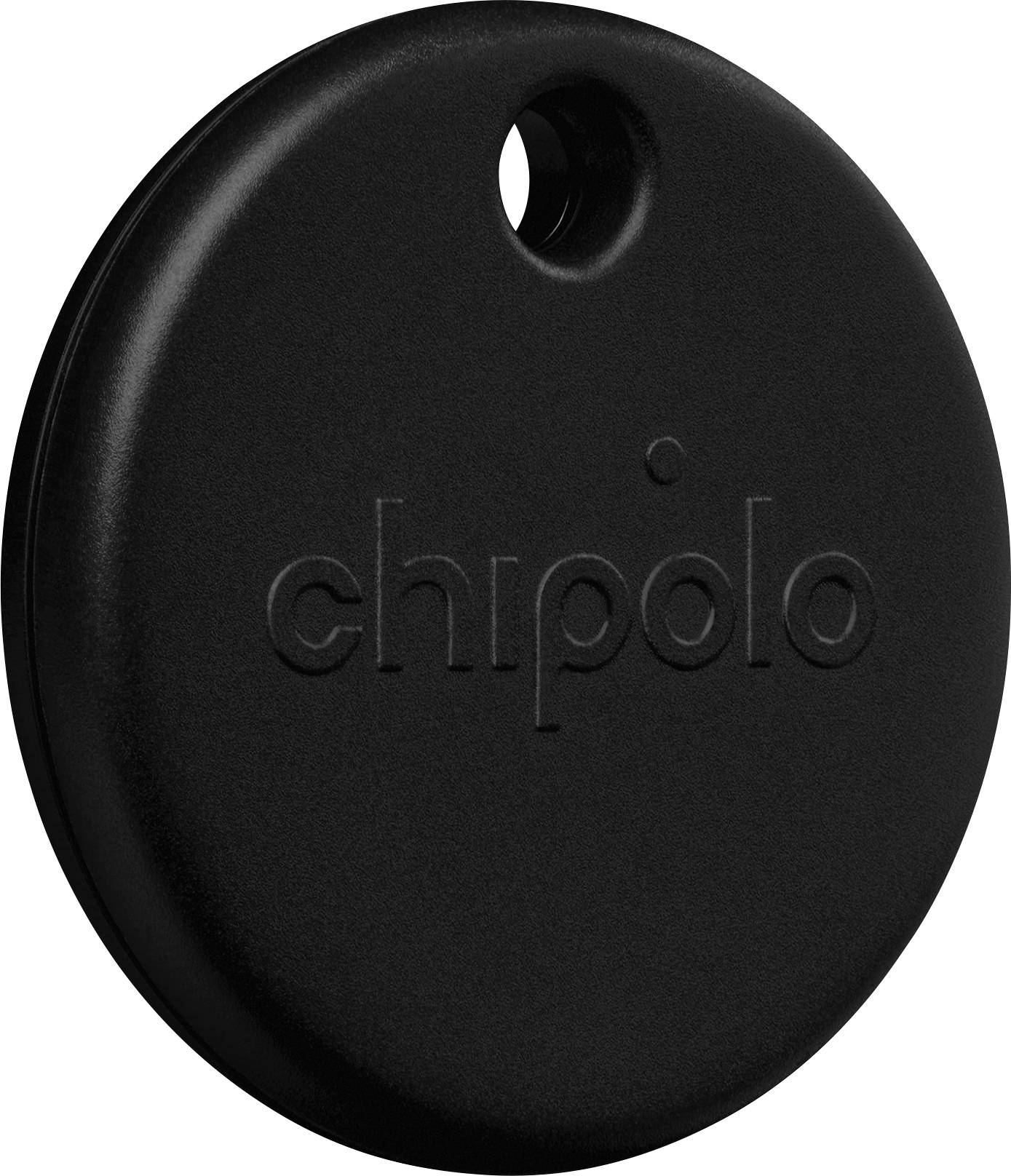 Black round Chipolo key finder tag with a hole for attaching to keys or a bag.