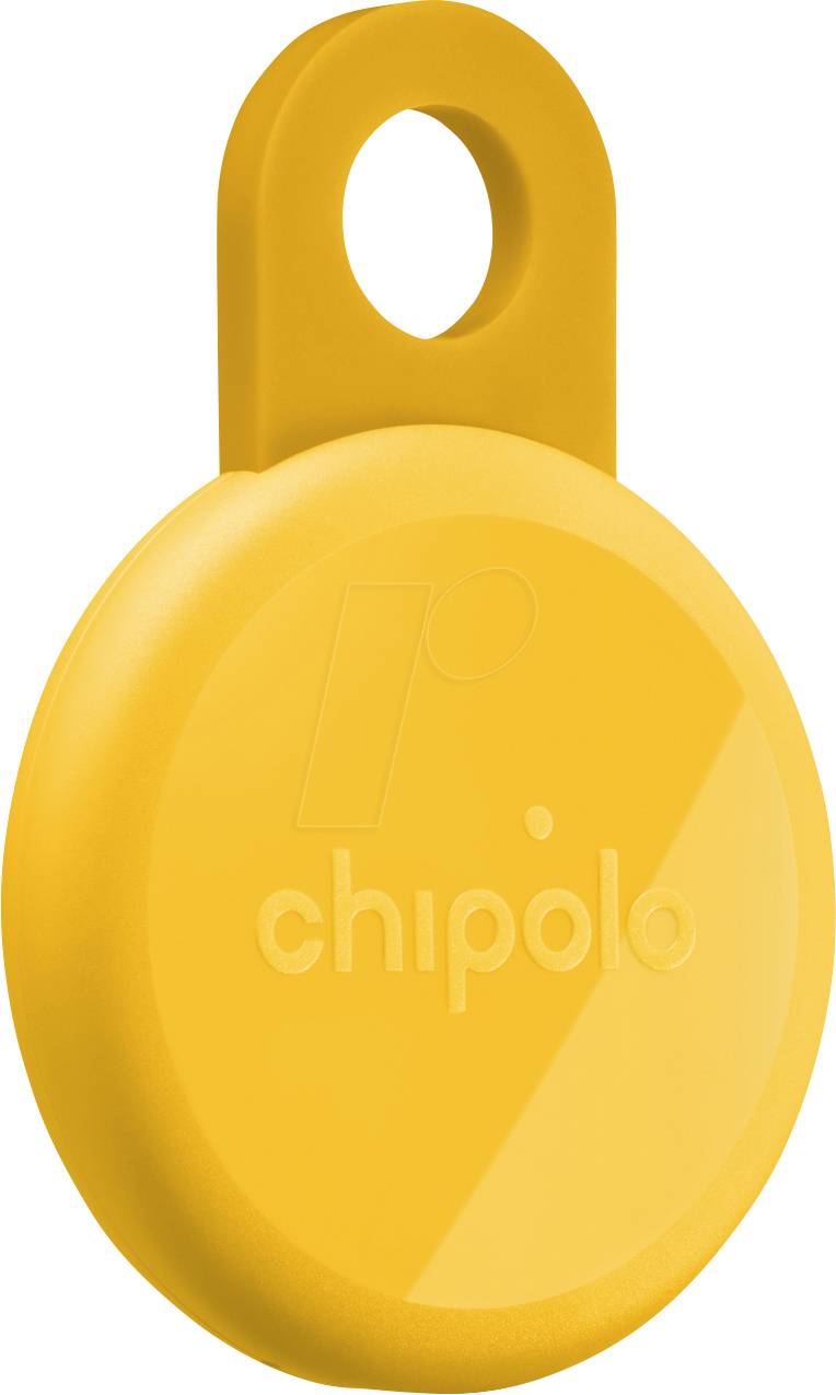 Yellow circular Chipolo Bluetooth tracker with a loop for attaching to keys or bags.