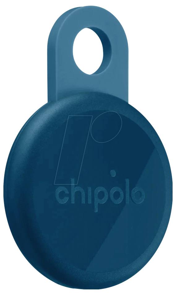Blue Chipolo tracking tag with keychain loop, shown front-facing on a white background.