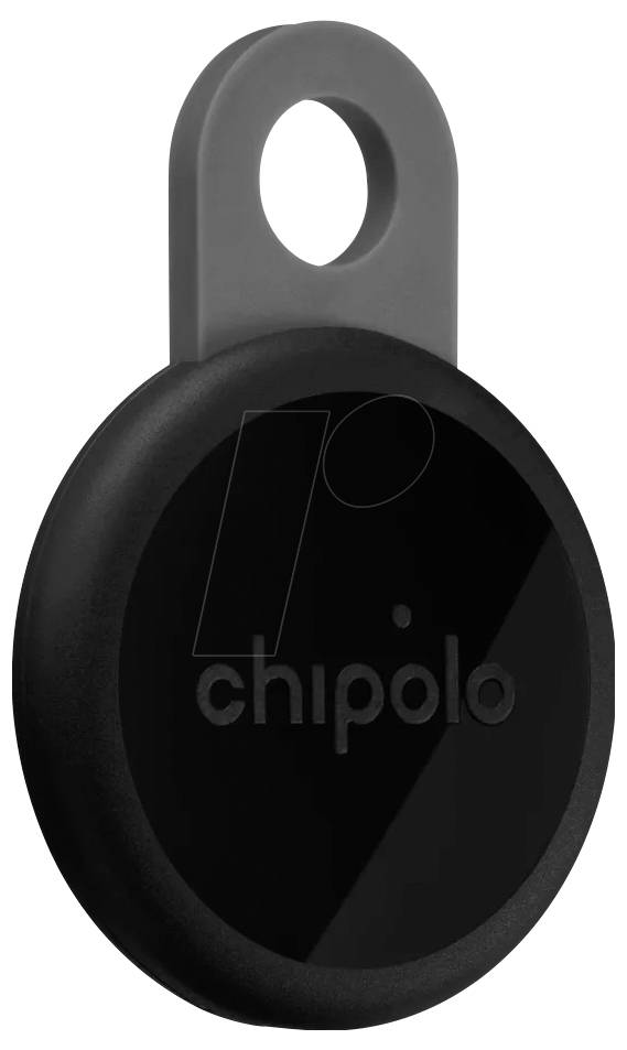 Black Chipolo key finder tag with a gray loop for attaching to keys or bags.