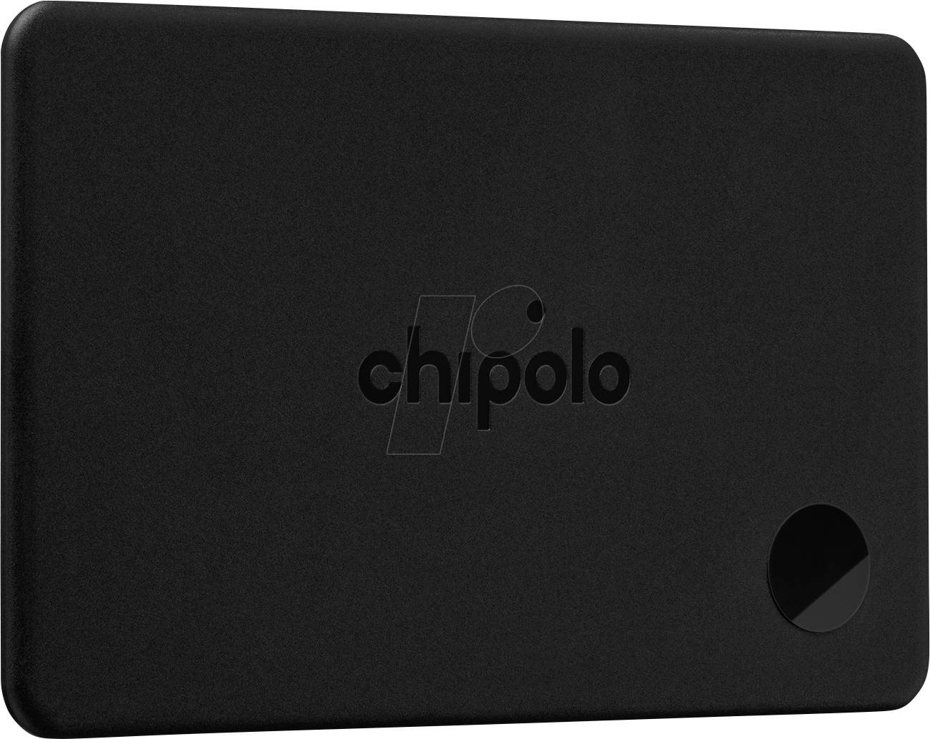Black Chipolo tracking device/card with logo centered and a circular opening near the lower right corner.
