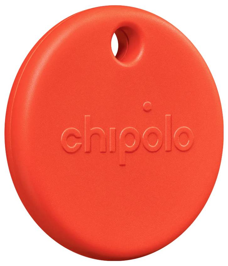 Red round Chipolo Bluetooth tracker with a keyring hole, shown on a white background.