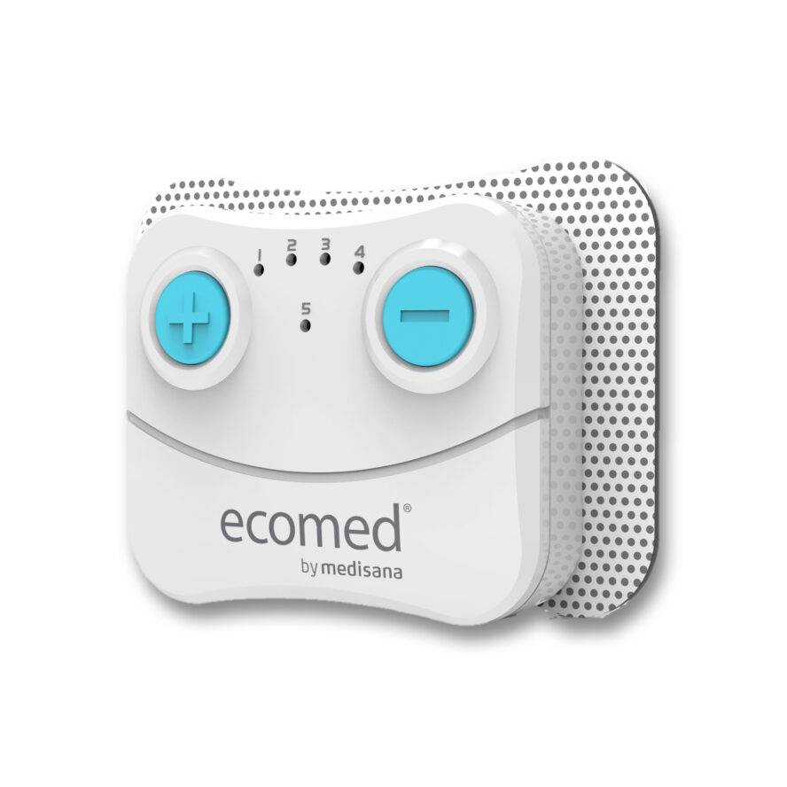 White Ecomed by Medisana electrostimulation pad with blue plus and minus buttons and five intensity indicator lights.