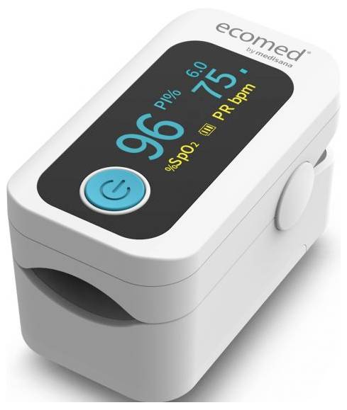 Finger pulse oximeter showing SpO2 96%, pulse 75 bpm, and PI 6.0 on its digital display.