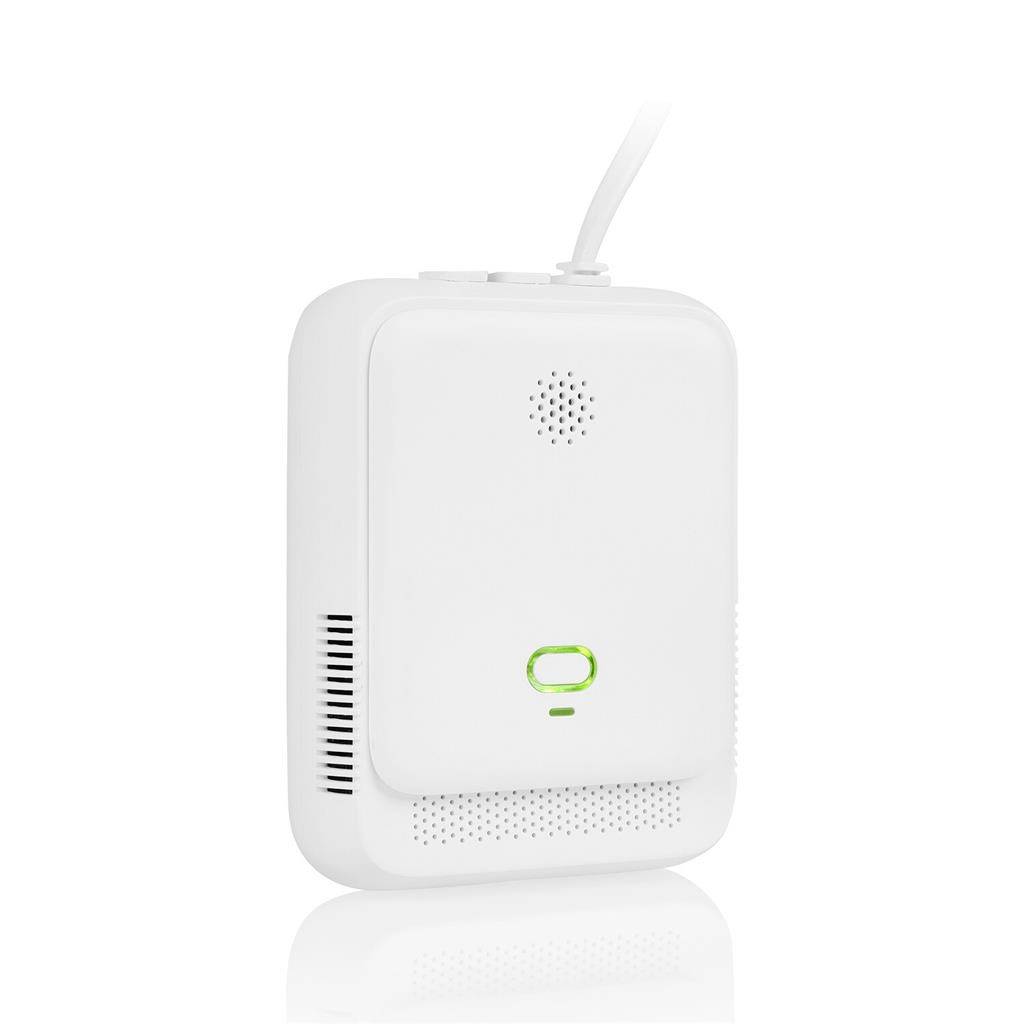 White wall-mounted device with a tube on top, speaker grille, side vents, and a green indicator light, shown on a white background.