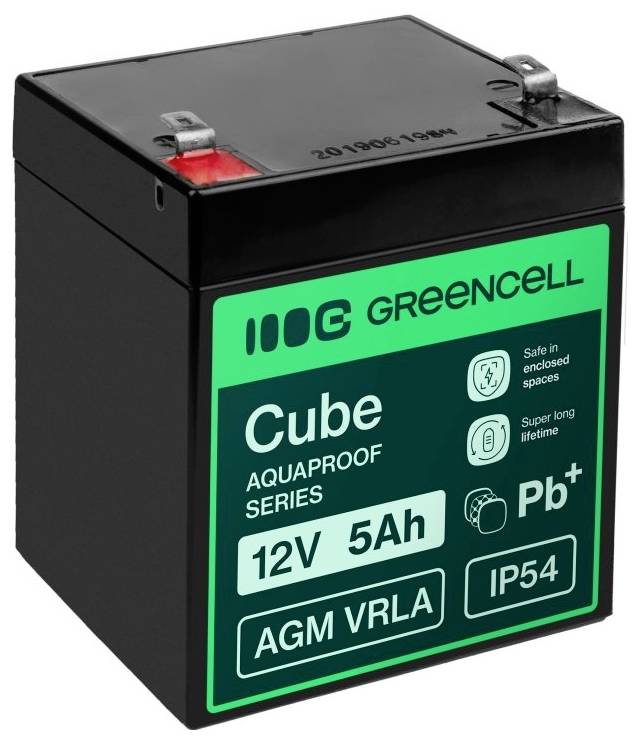 Black GreenCell Cube AGM VRLA battery labeled 12V 5Ah and IP54, shown in three-quarter view.