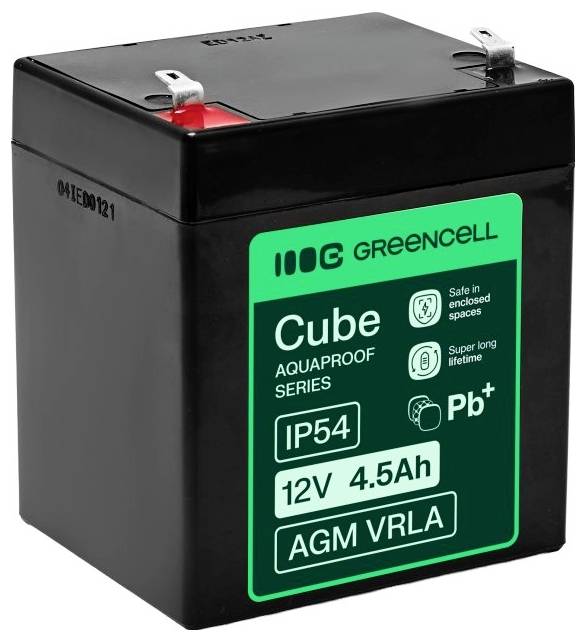 A black Greencell Cube 12V 4.5Ah AGM VRLA battery with a green front label and metal terminal tabs on top.