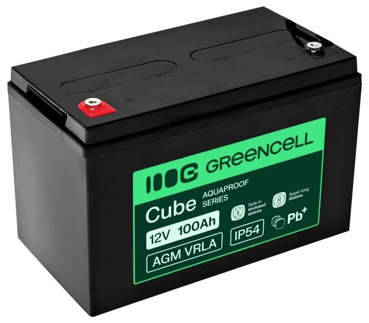 Black GreenCell Cube 12V 100Ah AGM VRLA battery with green front label and red/black terminals.