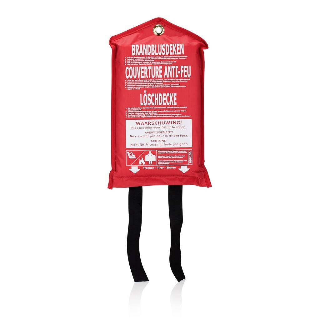 Red fire blanket in a wall pouch labeled 'BRANDBLUSDEKEN', 'COUVERTURE ANTI-FEU' and 'LÖSCHDECKE', with black pull straps hanging below.