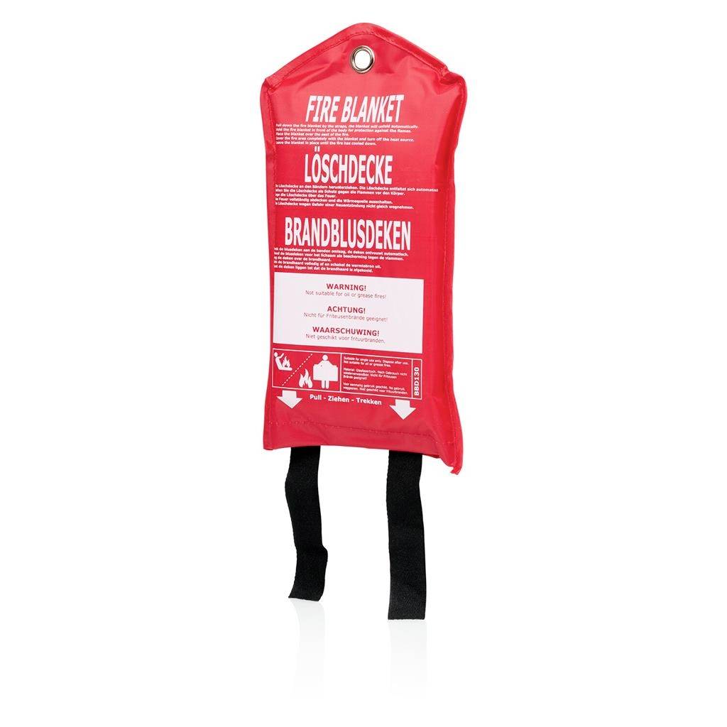 Red fire blanket in a wall-mounted pouch labeled 'FIRE BLANKET,' with two black pull straps hanging below.