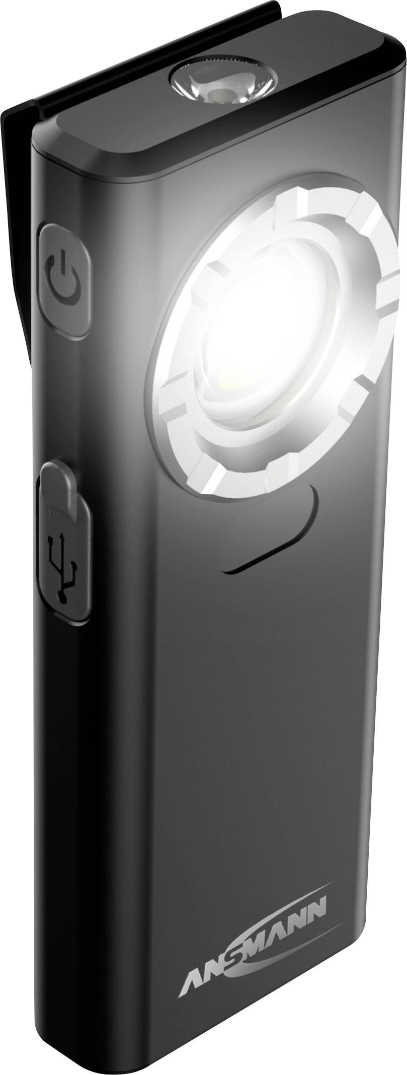 Black Ansmann portable LED flashlight with front light, power button, and USB charging port.