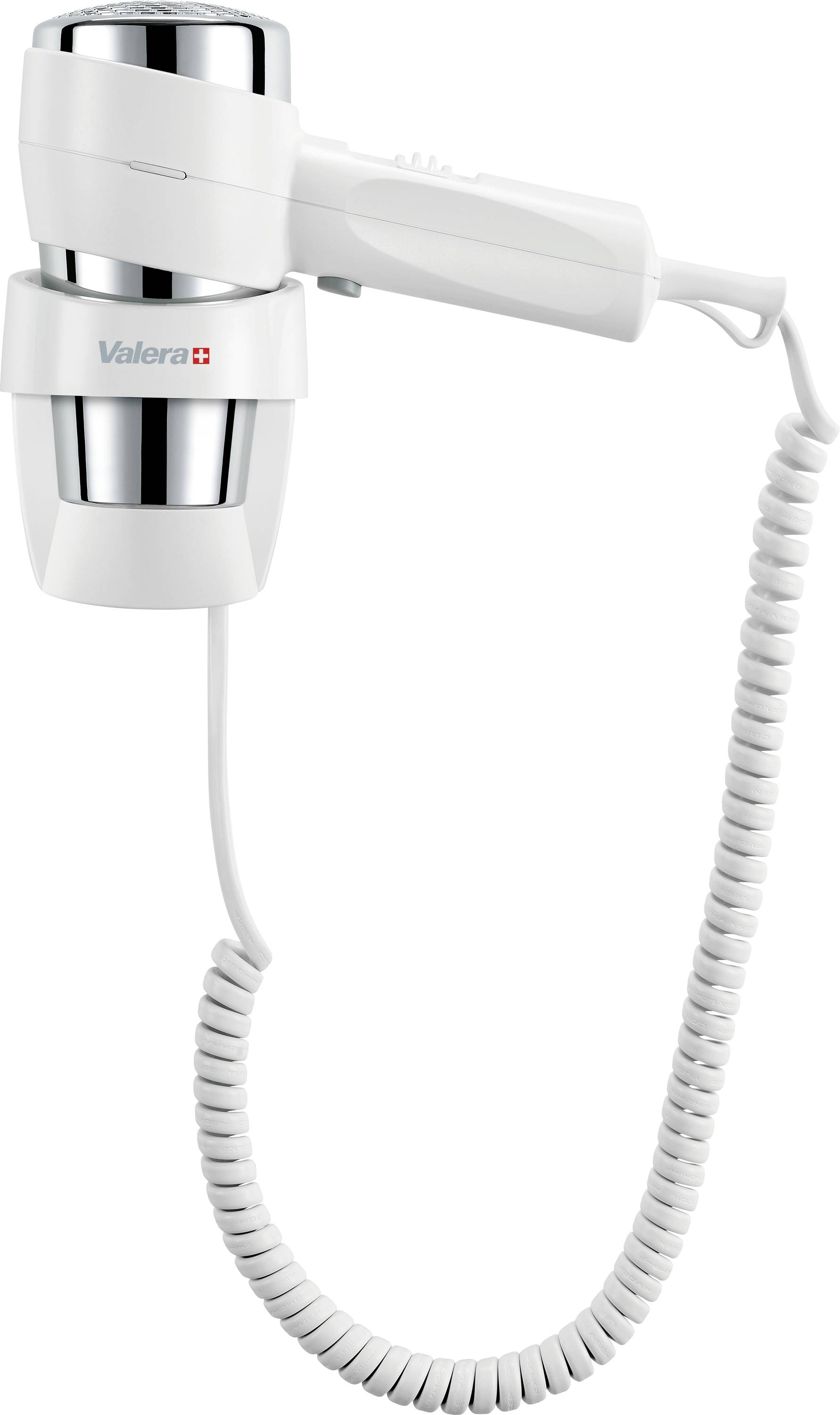 Wall-mounted hotel hair dryer with coiled cord, white and chrome Valera unit on a plain background.