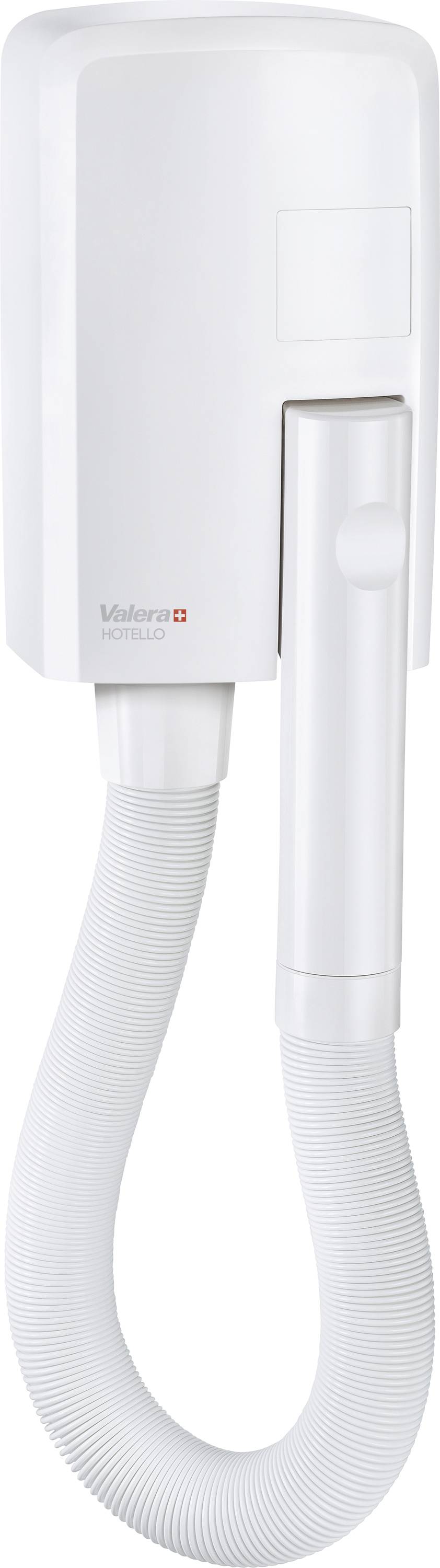 White wall-mounted hair dryer with a hose and handheld nozzle, shown against a plain background.