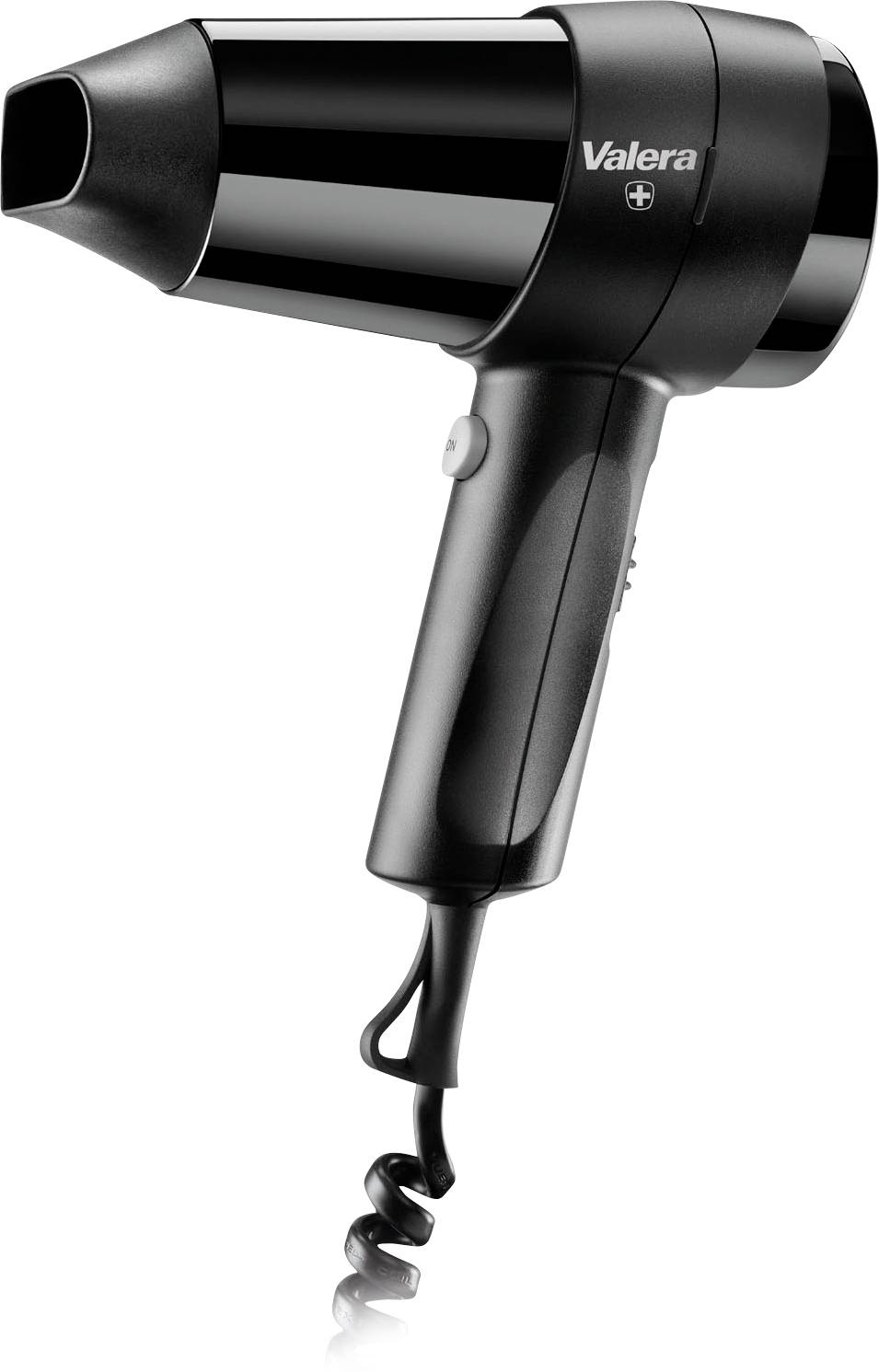 Black Valera hair dryer shown in profile, with concentrator nozzle and coiled power cord on a white background.