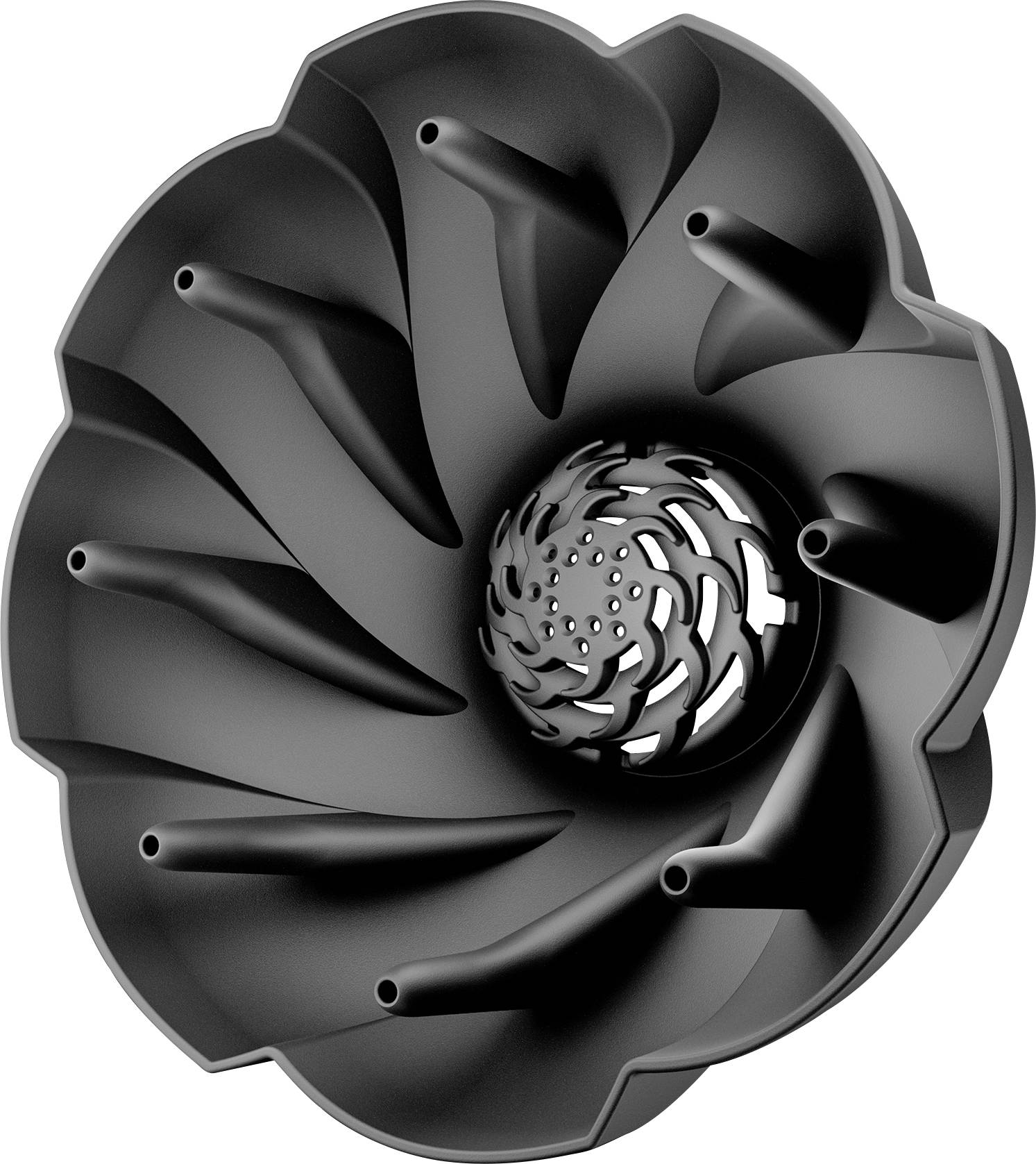 Black turbine wheel or impeller with curved blades and a perforated central hub, shown on a white background.