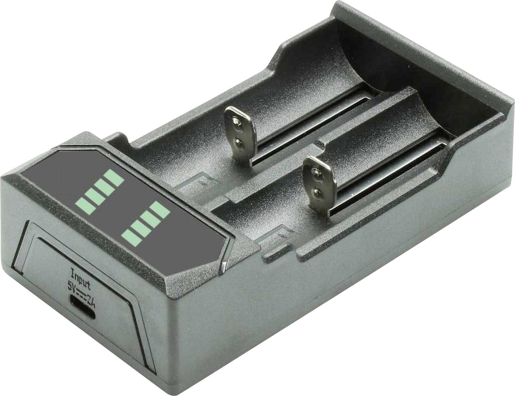 Single-bay battery charger dock with two metal contacts and green status indicators, shown empty.