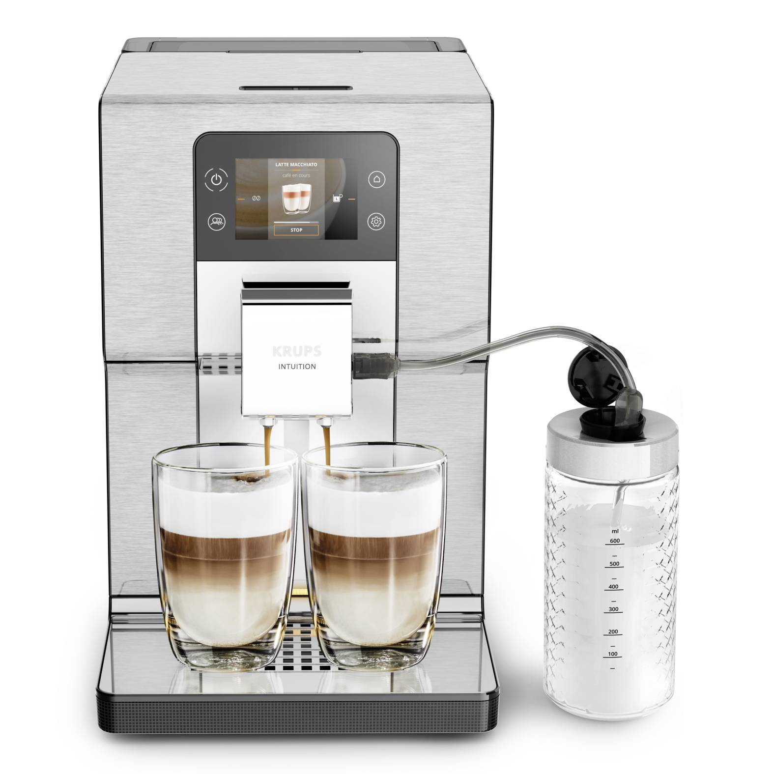 Stainless steel espresso machine brewing two layered coffees into glasses, with a milk container attached on the right.