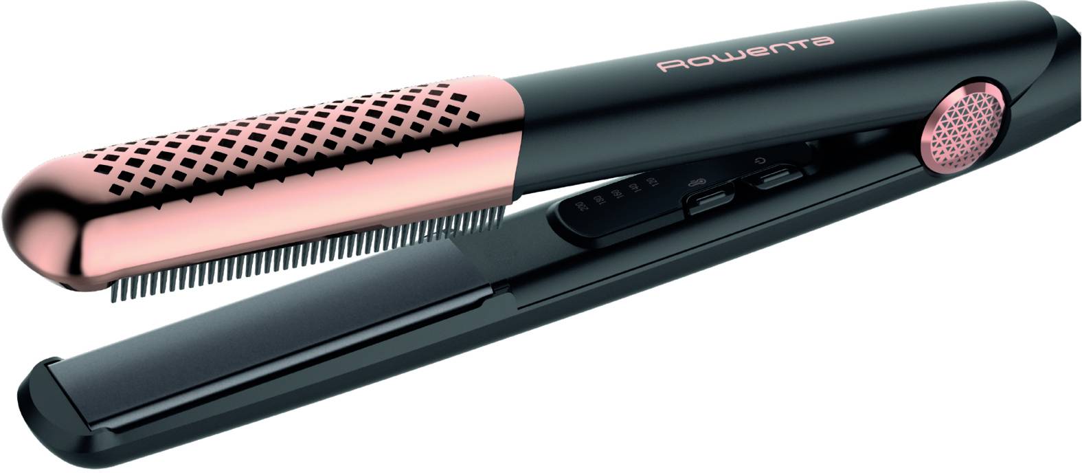 Pink-and-black hair straightener shown closed, with a heated styling plate, comb-like teeth, and 'Rowenta' branding visible on the handle.