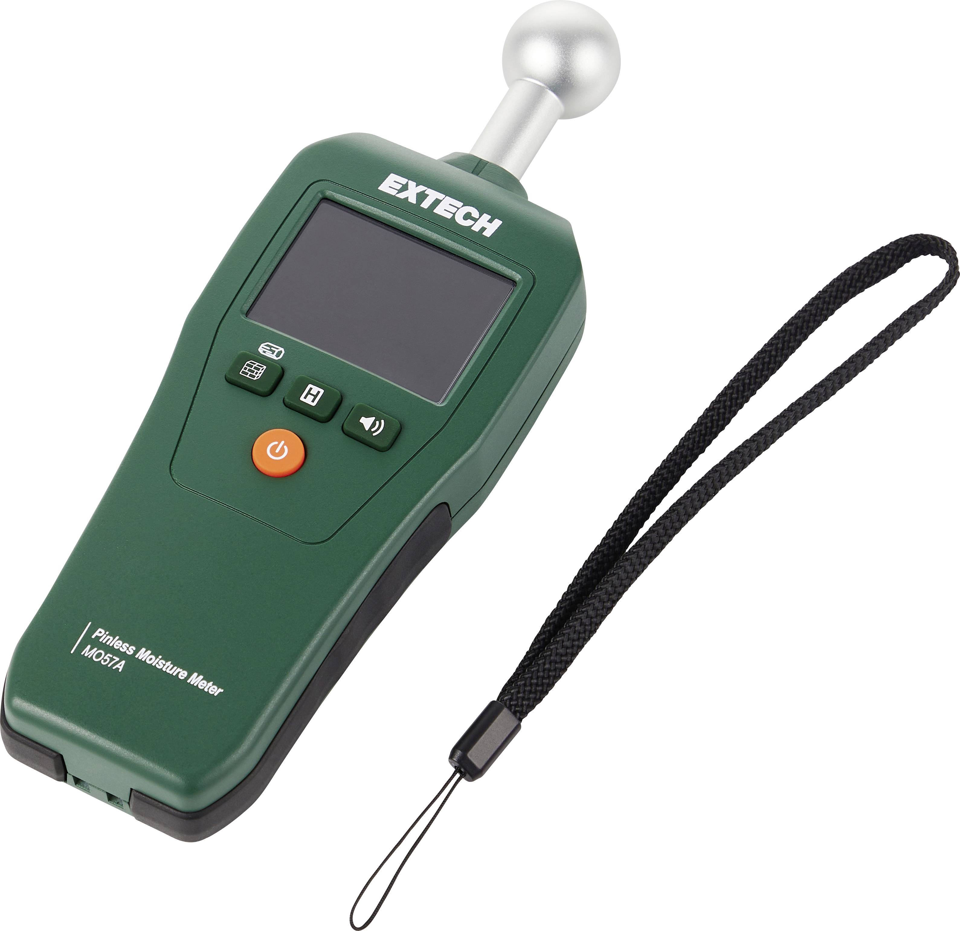 Green Extech handheld moisture meter with sensor probe, screen, buttons, and wrist strap.