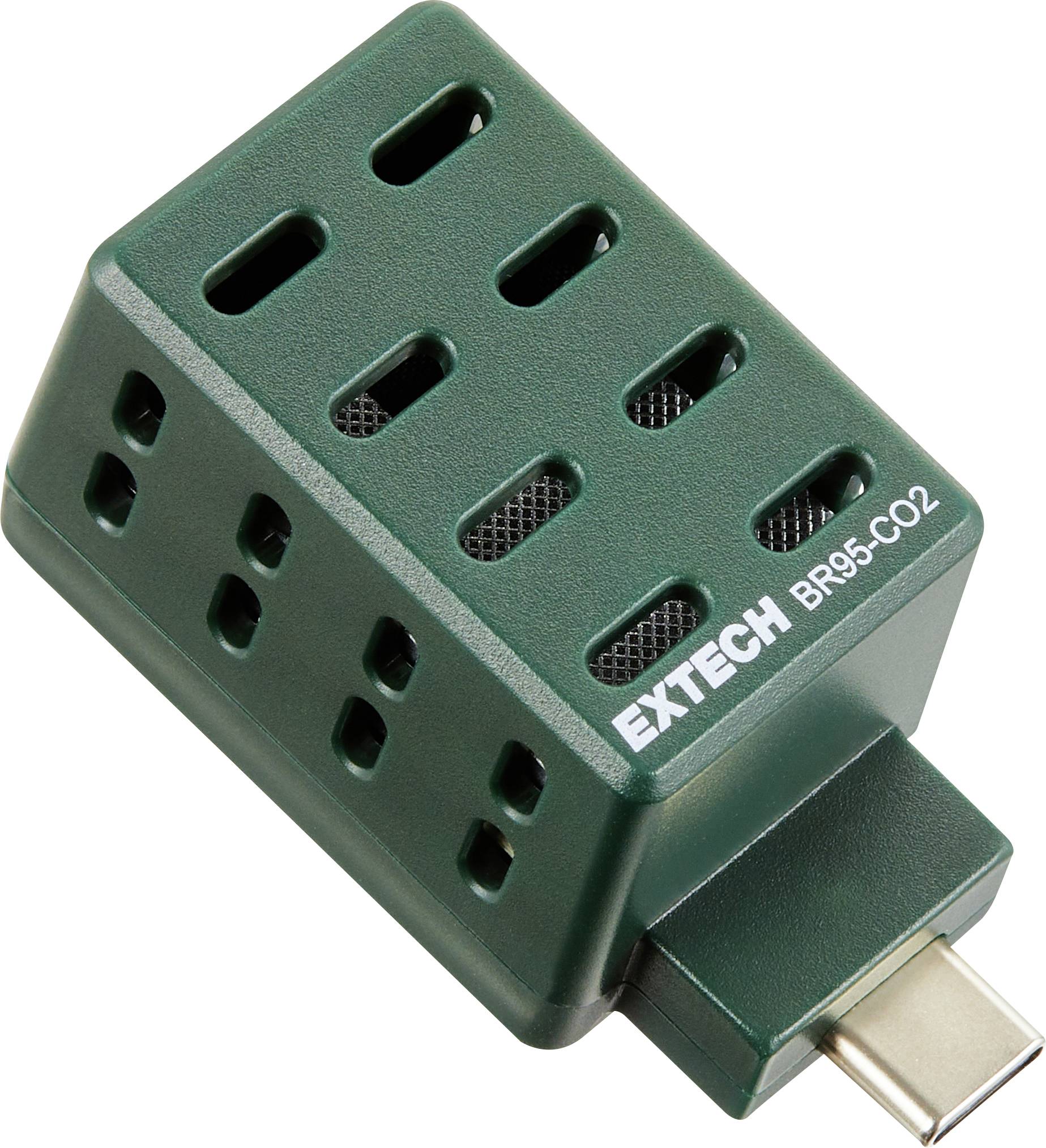 Green Extech BR95-CO2 USB sensor module with vented housing and USB-C connector on a white background