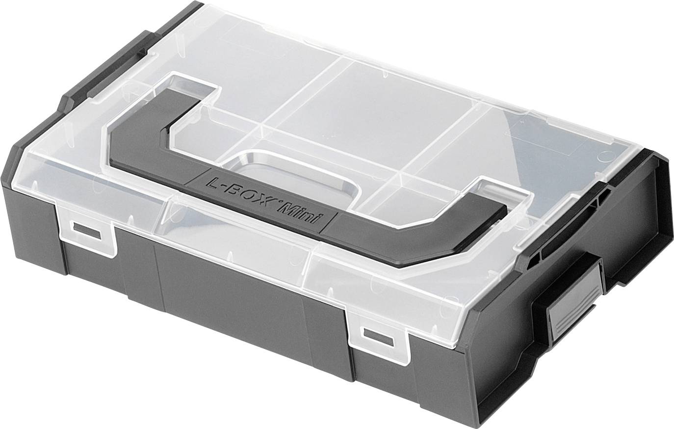A transparent plastic storage box with a dark gray base and latch, shown closed on a white background.