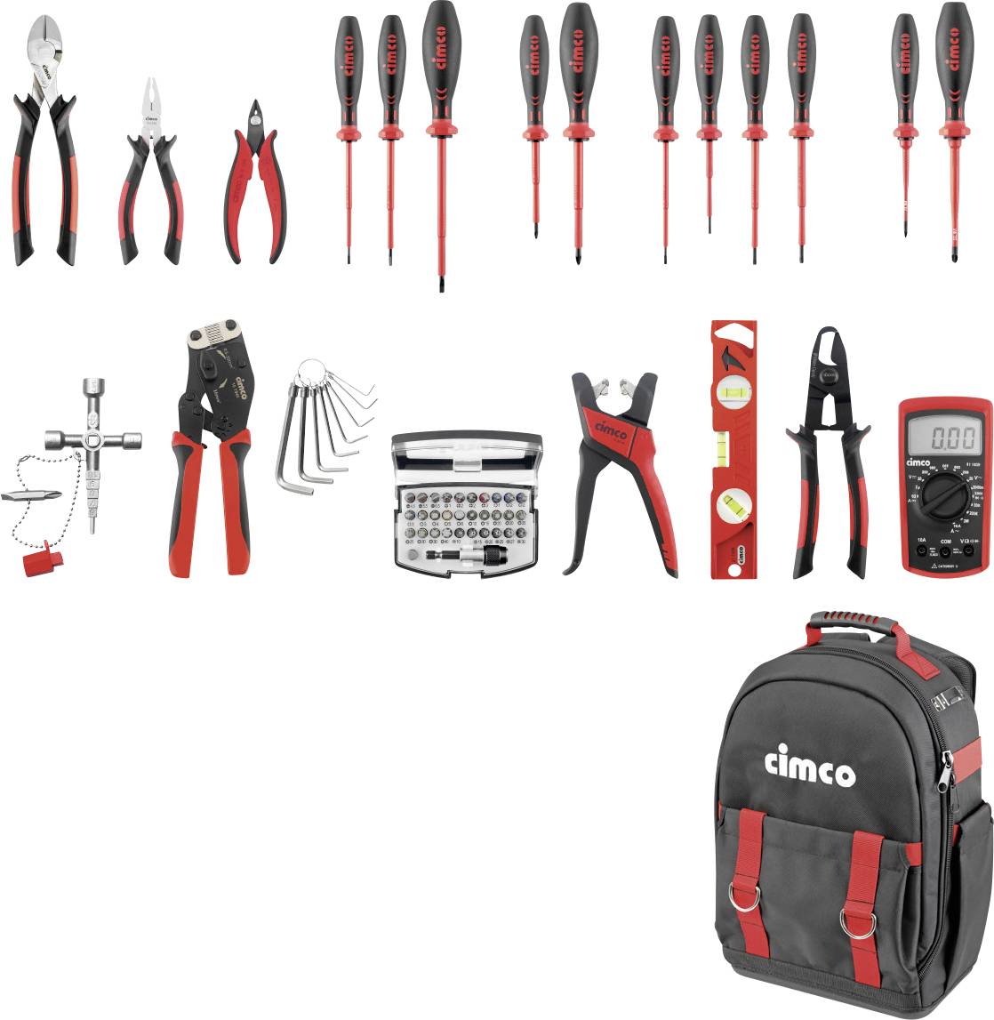 Assorted Cimco hand tools and accessories laid out on white, including pliers, screwdrivers, hex keys, bits, wire stripper, level, multimeter, and tool backpack.