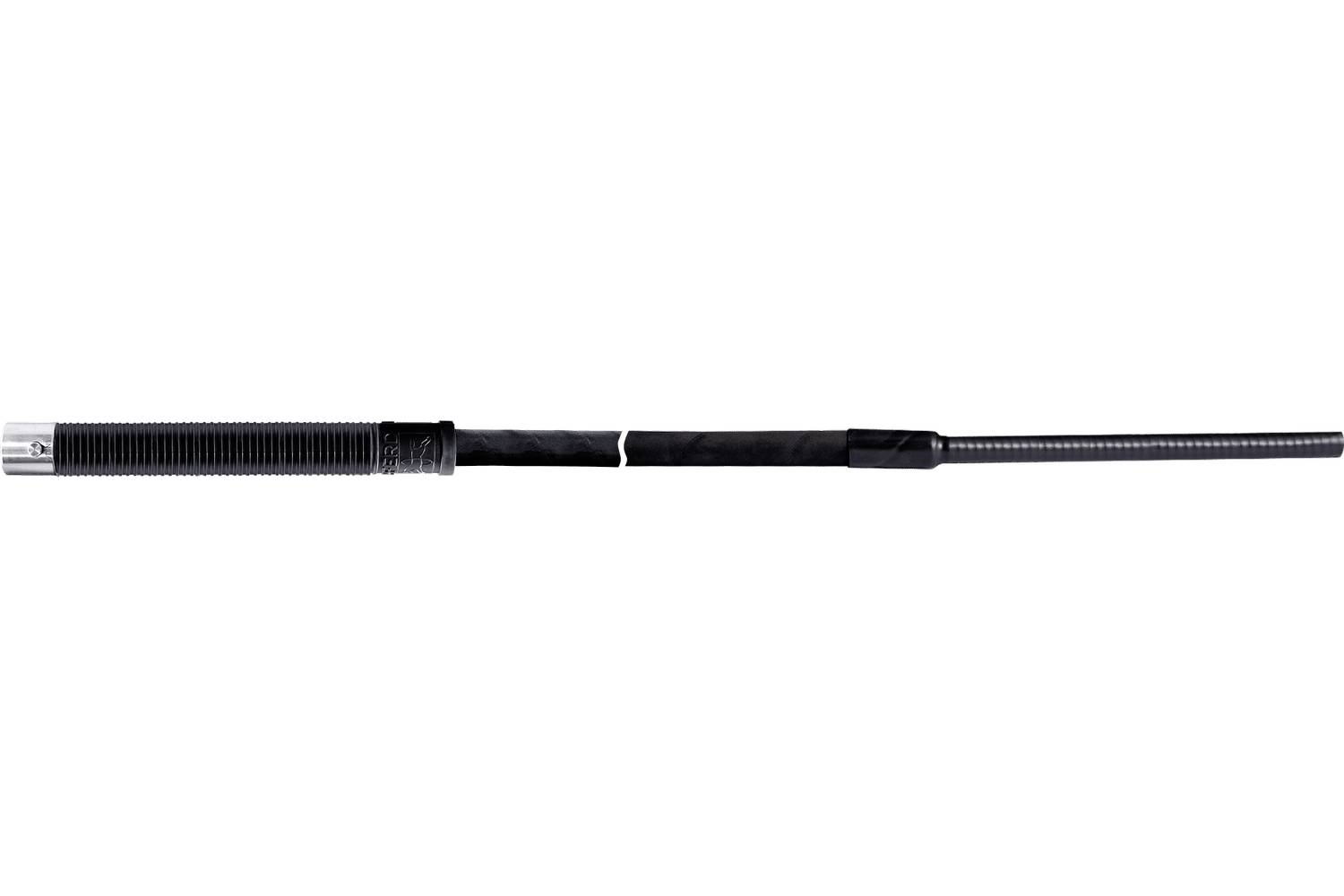 A long black and silver telescoping baton or rod shown horizontally on a white background.