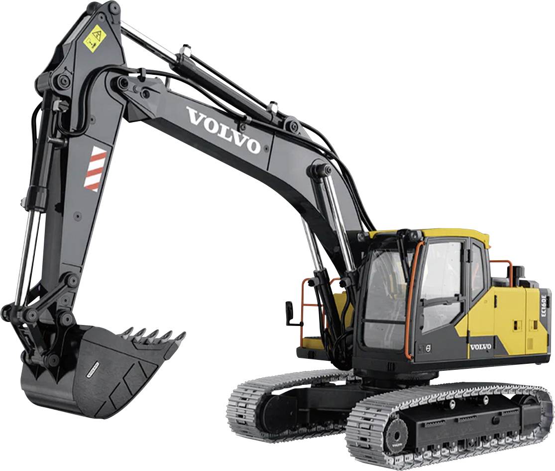 Side-view of a Volvo tracked excavator with raised digging arm and bucket, isolated on a white background.