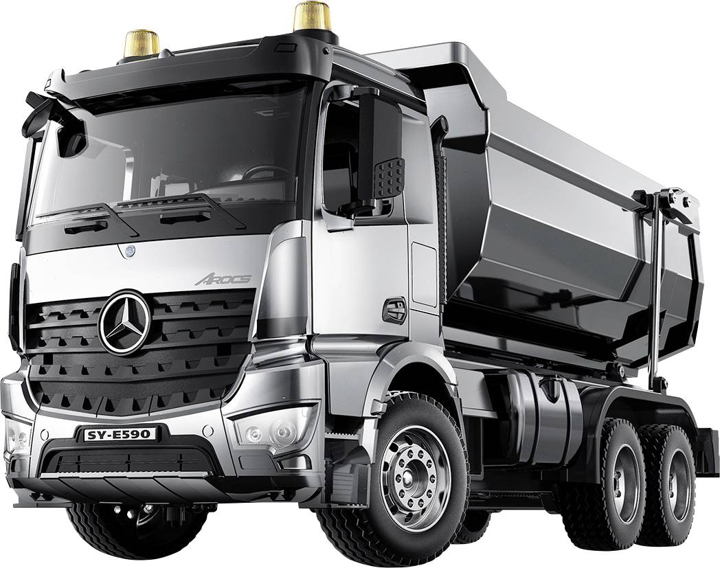 A silver Mercedes-Benz Arocs dump truck with raised side panels, shown in a front-left three-quarter view on a white background.