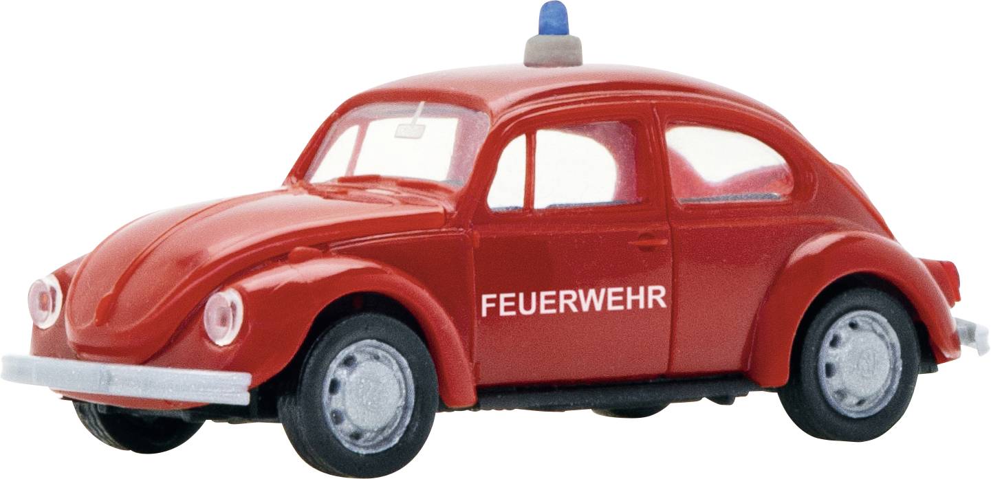 Red toy fire truck car labeled 'FEUERWEHR' with a blue light on top, shown in side view on a white background.