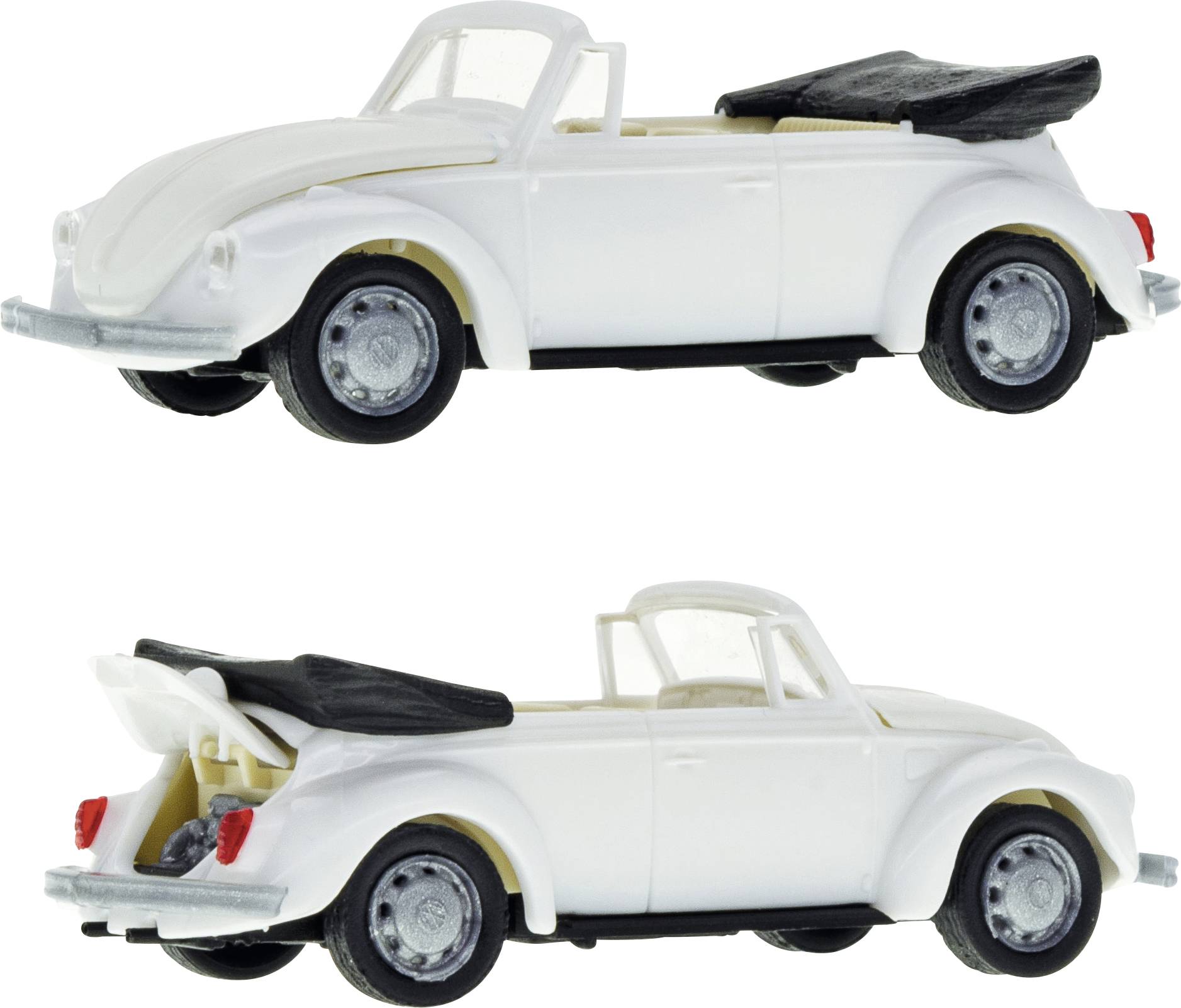 Two views of a white toy convertible car, shown side and rear angles with the roof folded down.