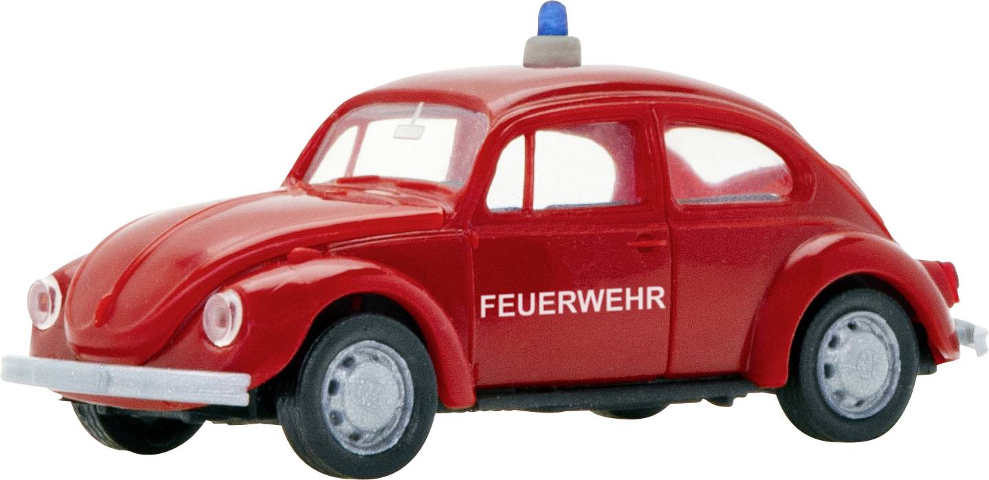 Toy red Volkswagen Beetle-style fire truck with blue light and 'FEUERWEHR' on the side